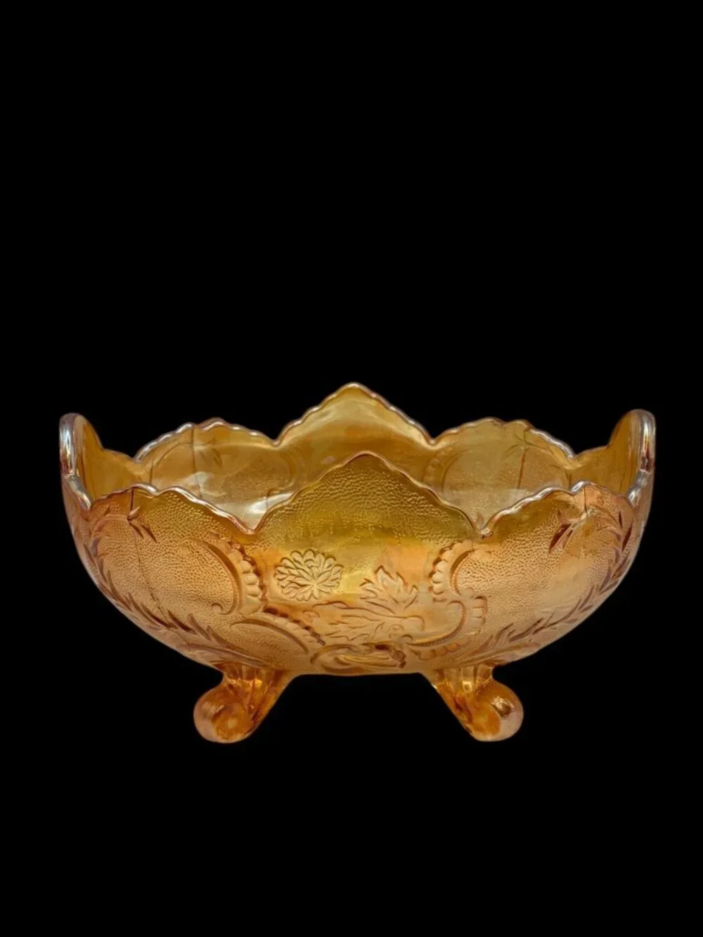 VTG Jeannette Iridescent Glass Lombardi Carnival Footed Fruit Bowl Marigold